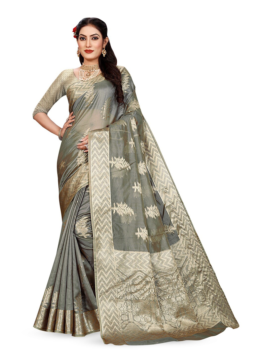 

Pisara Ethnic Motifs Woven Design Organza Saree, Grey