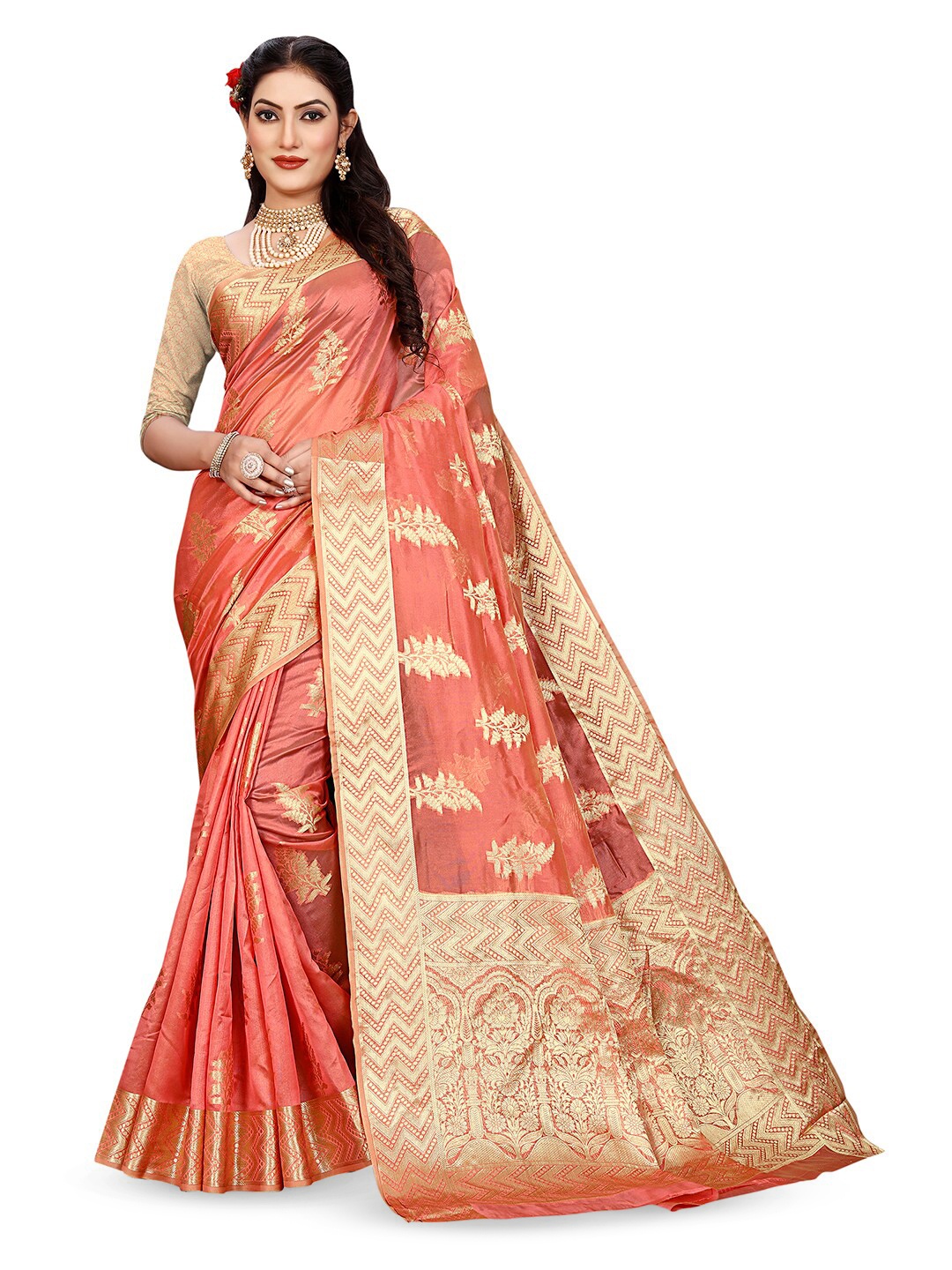 

Pisara Ethnic Motifs Woven Design Organza Saree, Peach