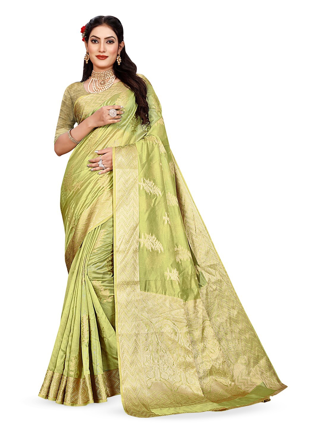 

Pisara Ethnic Motifs Woven Design Organza Saree, Olive