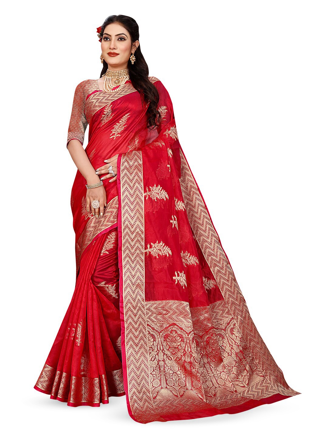 

Pisara Ethnic Motifs Woven Design Organza Saree, Red