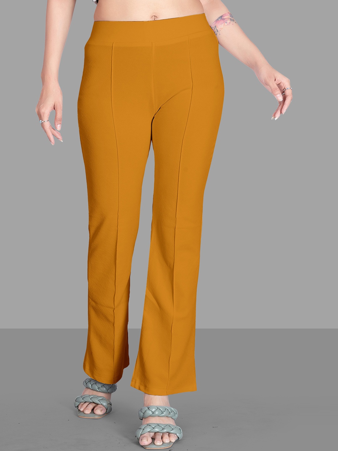 

Wuxi Women Mid-Rise Relaxed Straight Leg Straight Fit Mid-Rise Bootcut Trousers, Yellow
