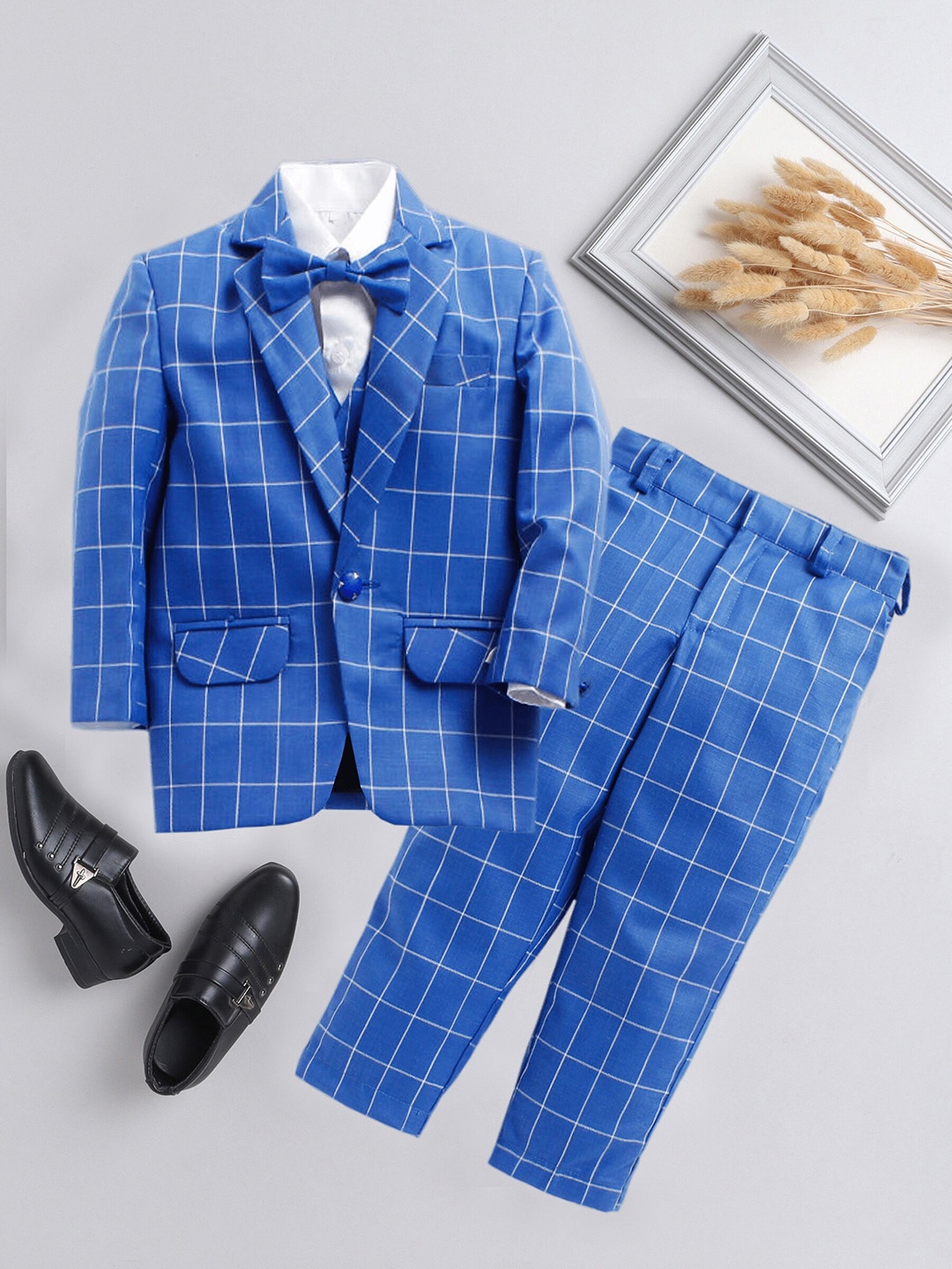 

Jeetethnics Boys Checked Regular Fit Single-Breasted 5-Piece Suits, Blue