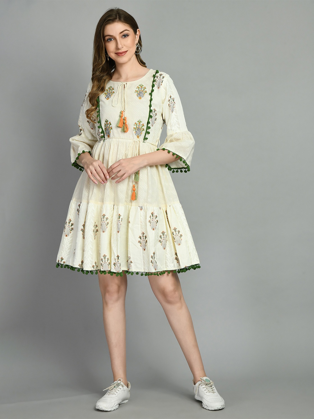 

TBOJ Embroidered Tie-up Neck a line Dress, Cream