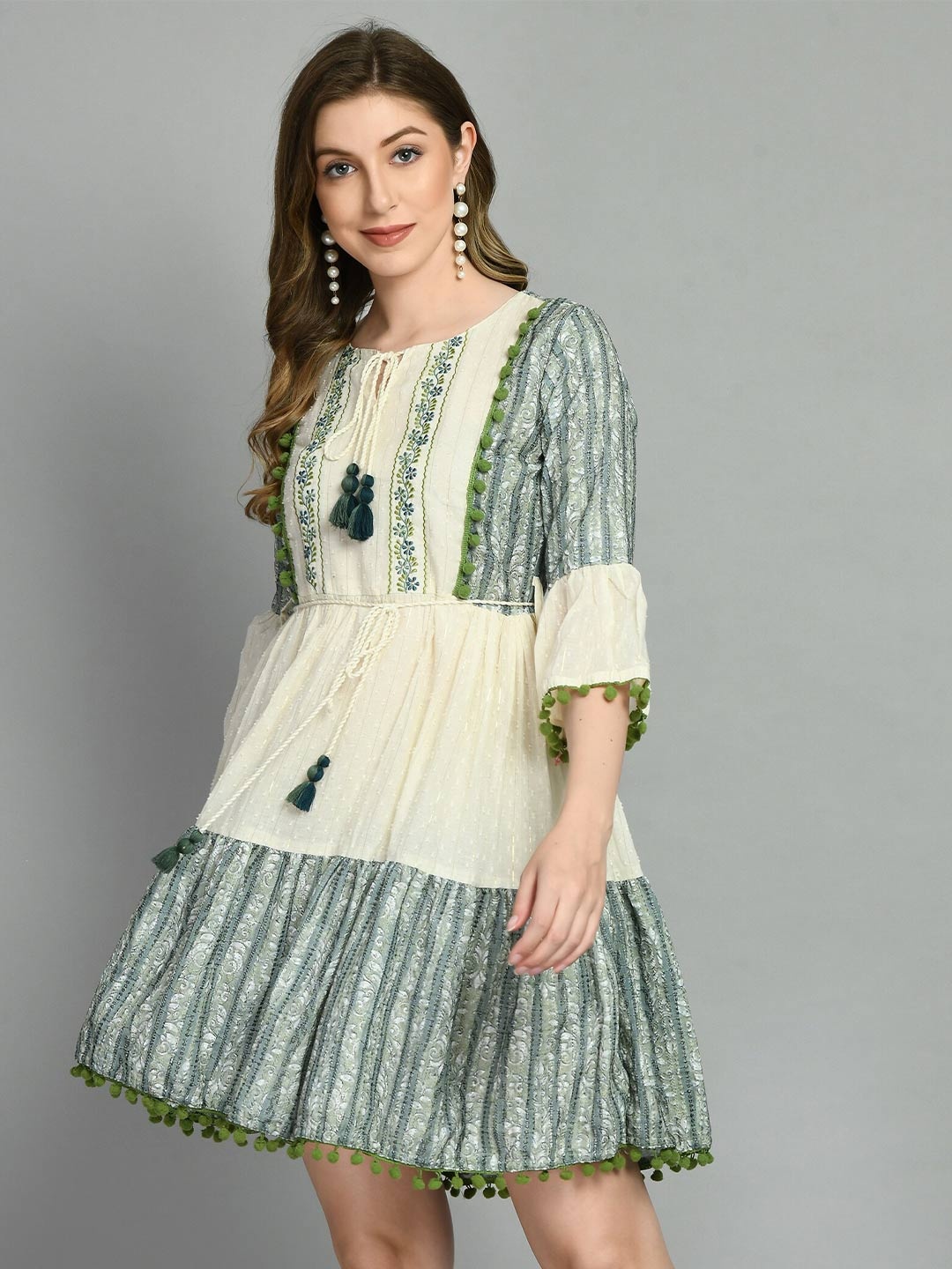 

TBOJ Embroidered Tie-up Neck a line Dress, White
