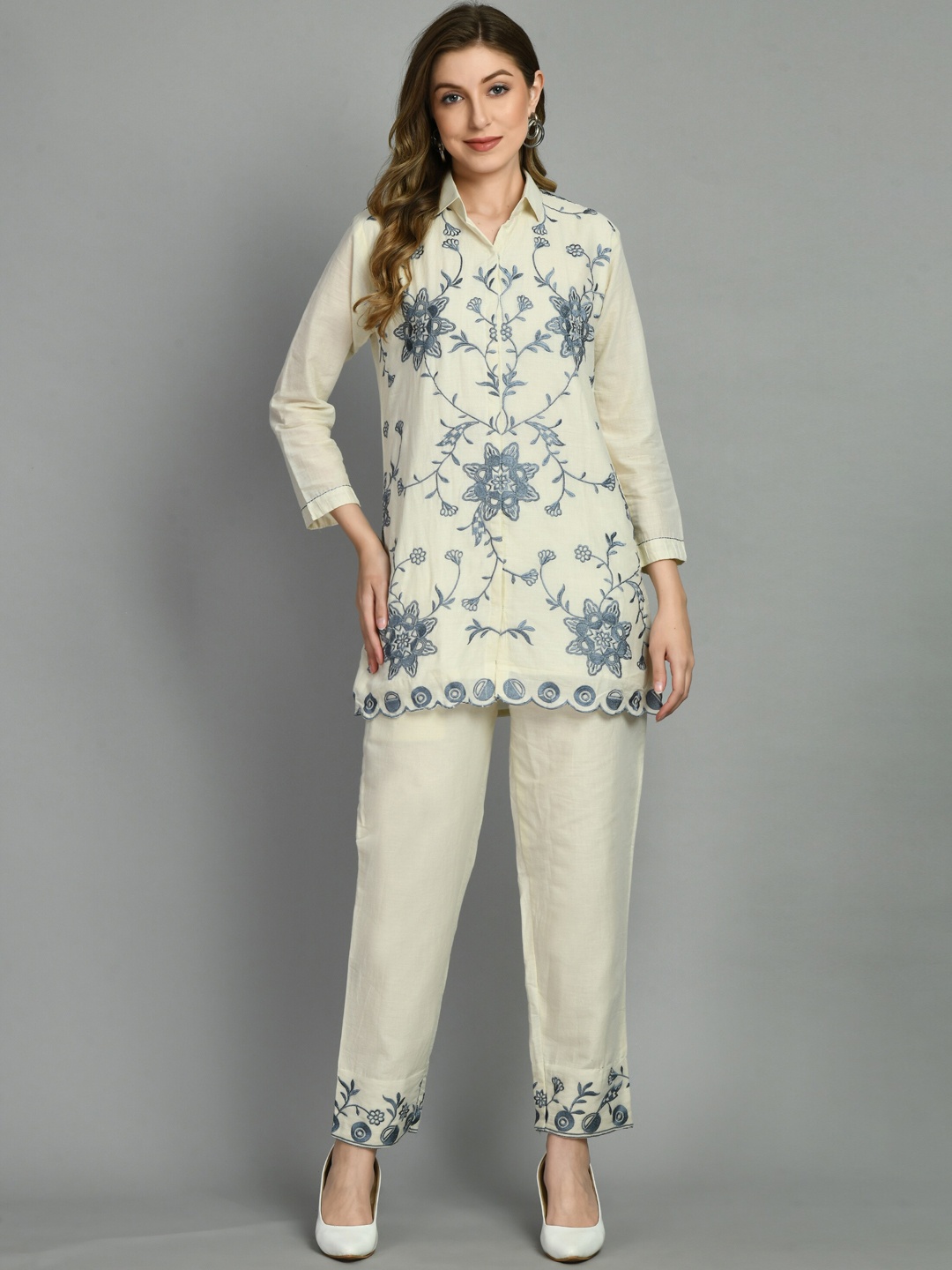 

TBOJ Ethnic Motif Embroidered Shirt Collar Kurti With Trousers, Yellow