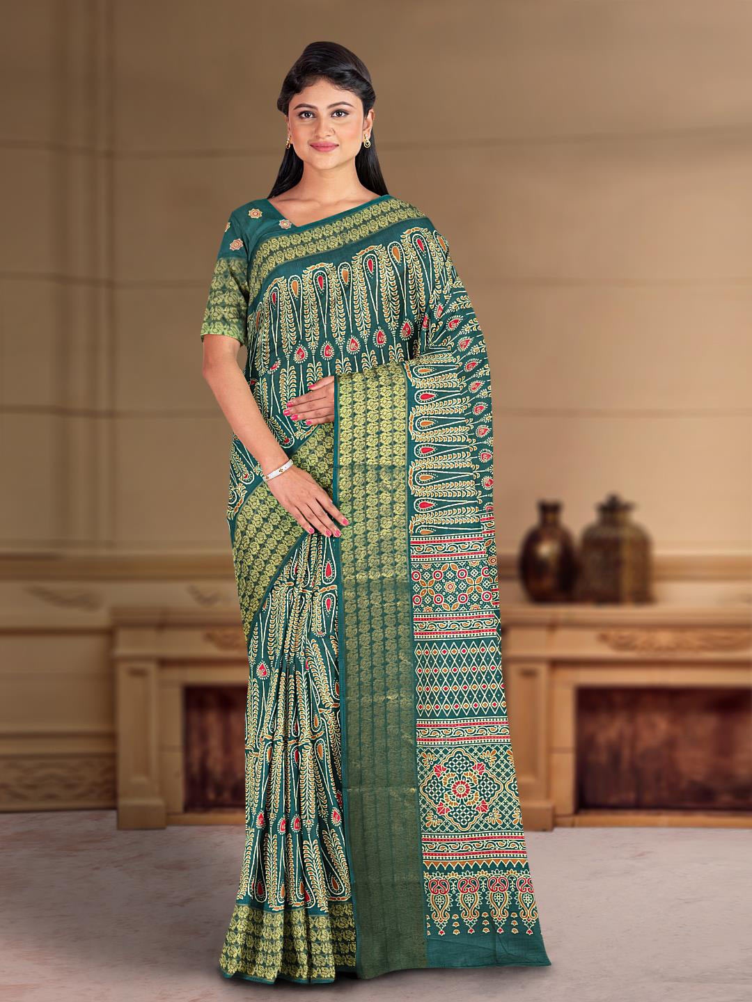 

Kalamandir Paisley Silk Blend Saree, Teal