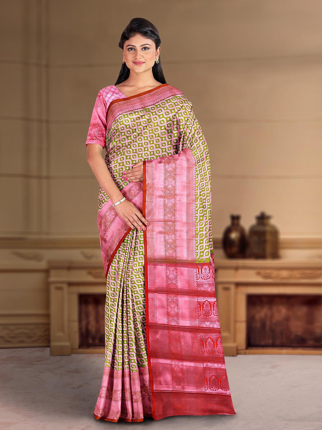 

Kalamandir Woven Design Silk Cotton Saree, Olive