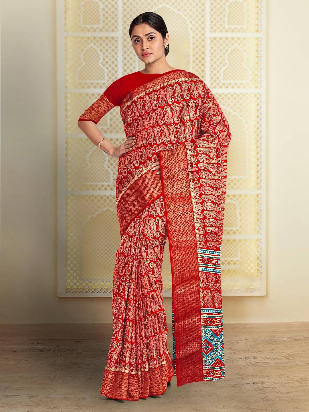 

Kalamandir Paisley Silk Blend Saree, Red