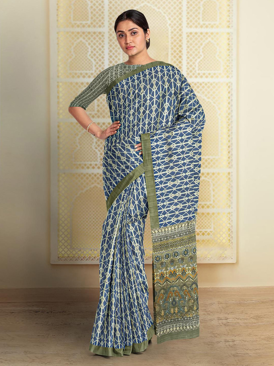 

Kalamandir Printed Pashmina Saree, Blue
