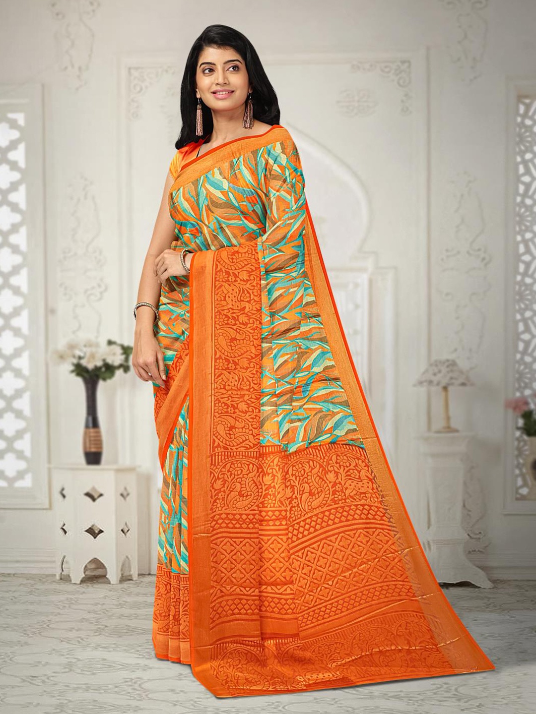 

Kalamandir Abstract printed Silk Blend Saree, Orange