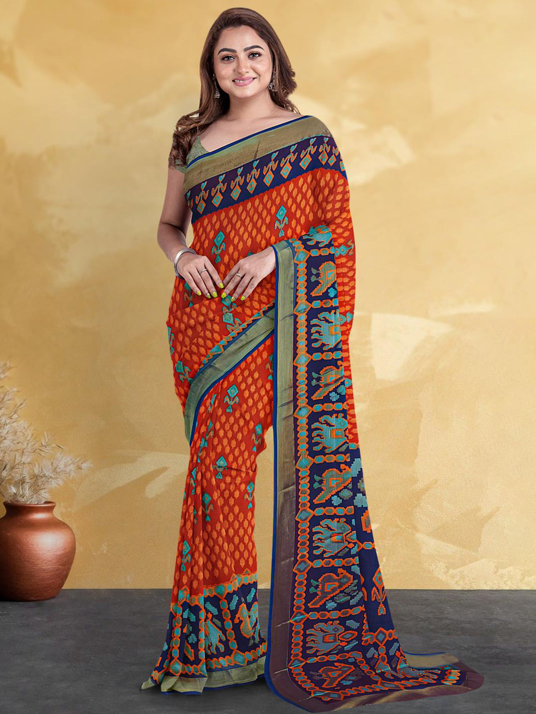 

Kalamandir Ikkat Printed Silk Blend Saree, Red