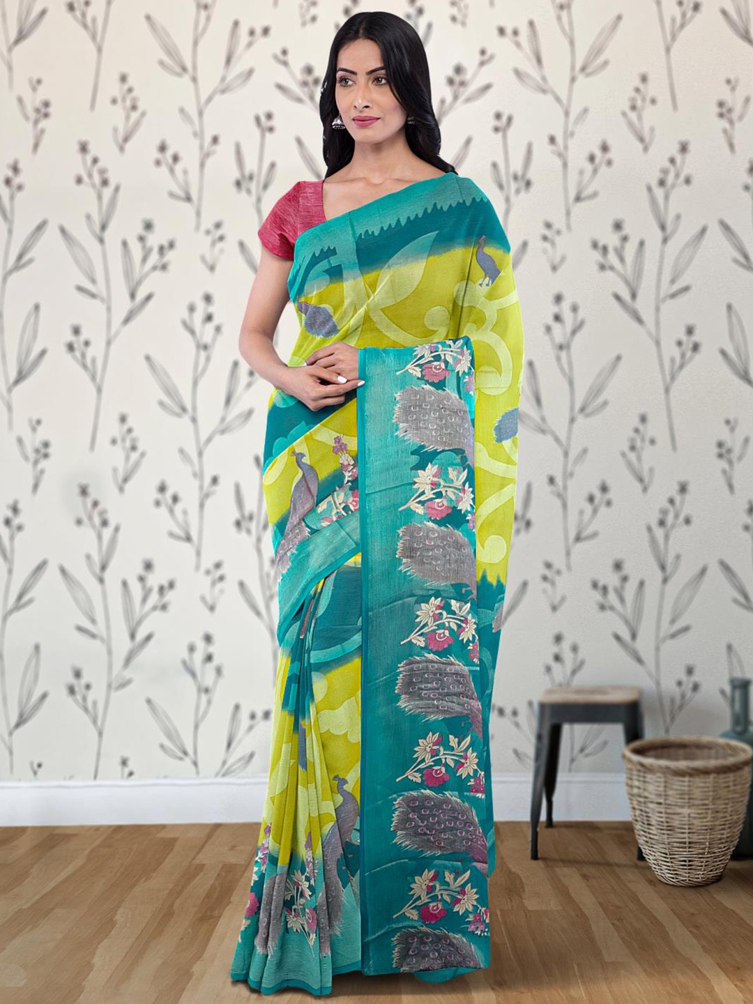 

Kalamandir Ethnic Motifs Printed Saree, Olive