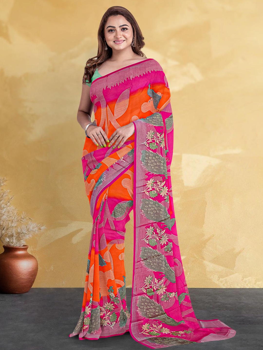 

Kalamandir Floral Printed Silk Blend Saree, Orange