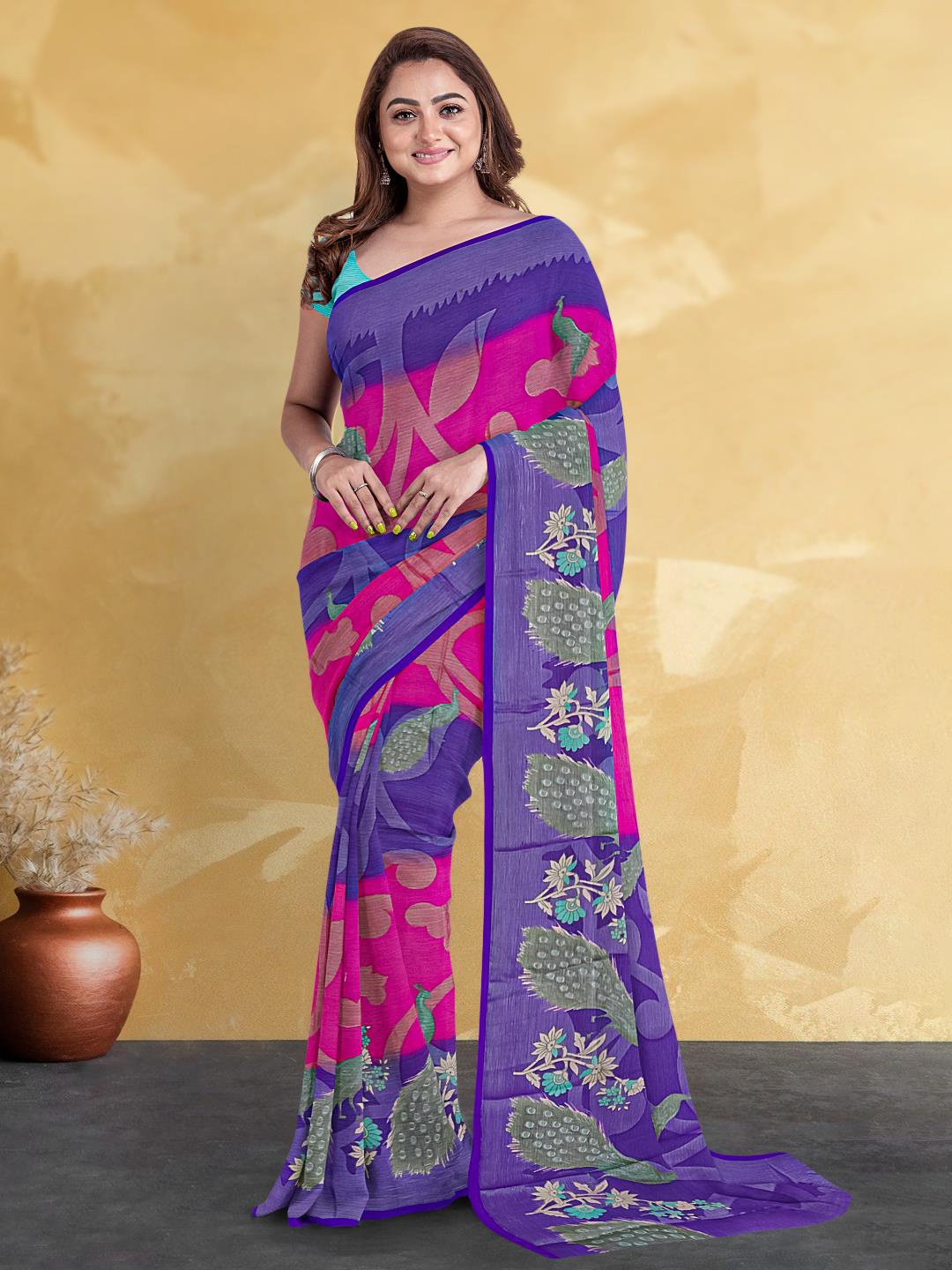 

Kalamandir Floral Printed Silk Blend Saree, Pink