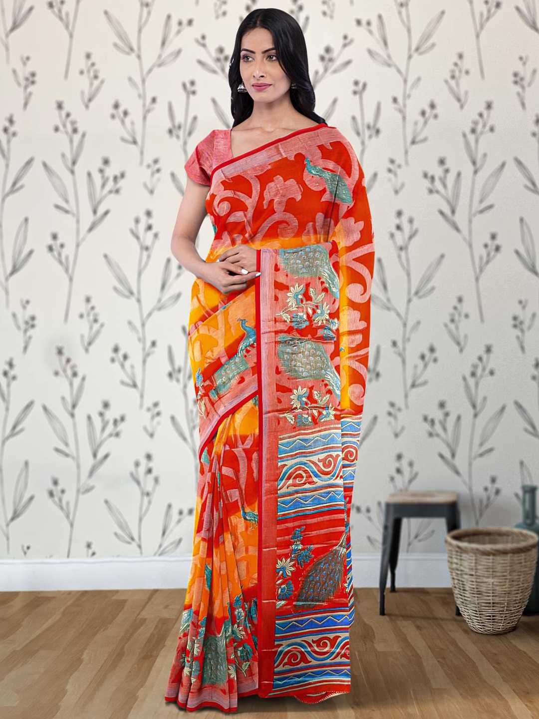 

Kalamandir Floral Printed Silk Blend Saree, Mustard