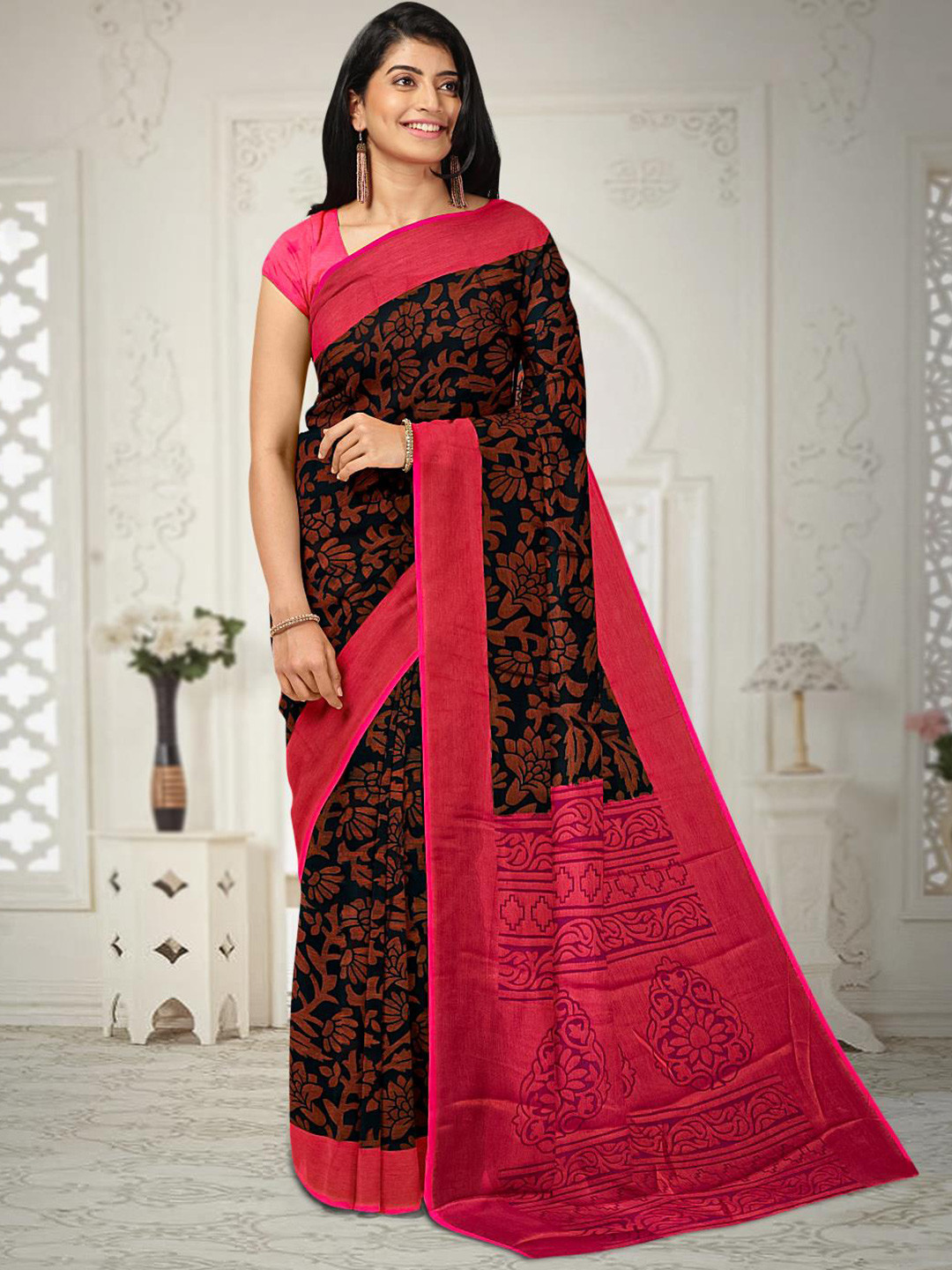 

Kalamandir Floral Printed Silk Blend Saree, Black