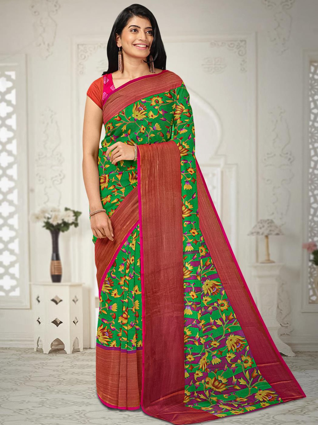 

Kalamandir Floral Printed Silk Blend Saree, Green