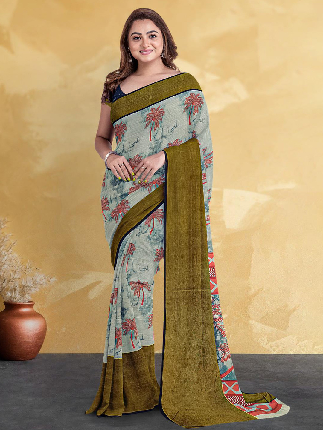 

Kalamandir Floral Printed Silk Blend Saree, Green