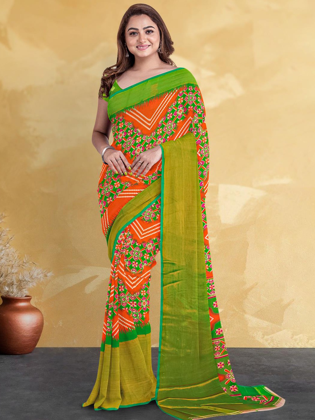 

Kalamandir Ethnic Motifs Printed Silk Blend Saree, Orange