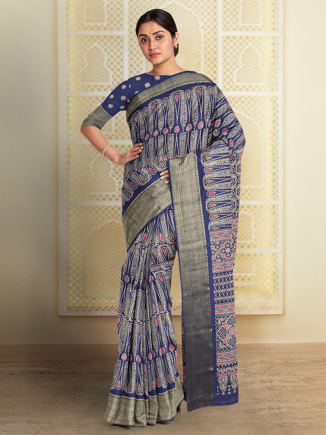 

Kalamandir Paisley Printed Silk Blend Saree, Navy blue