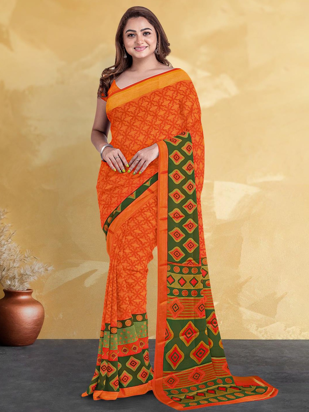 

Kalamandir Floral Printed Silk Blend Saree, Orange