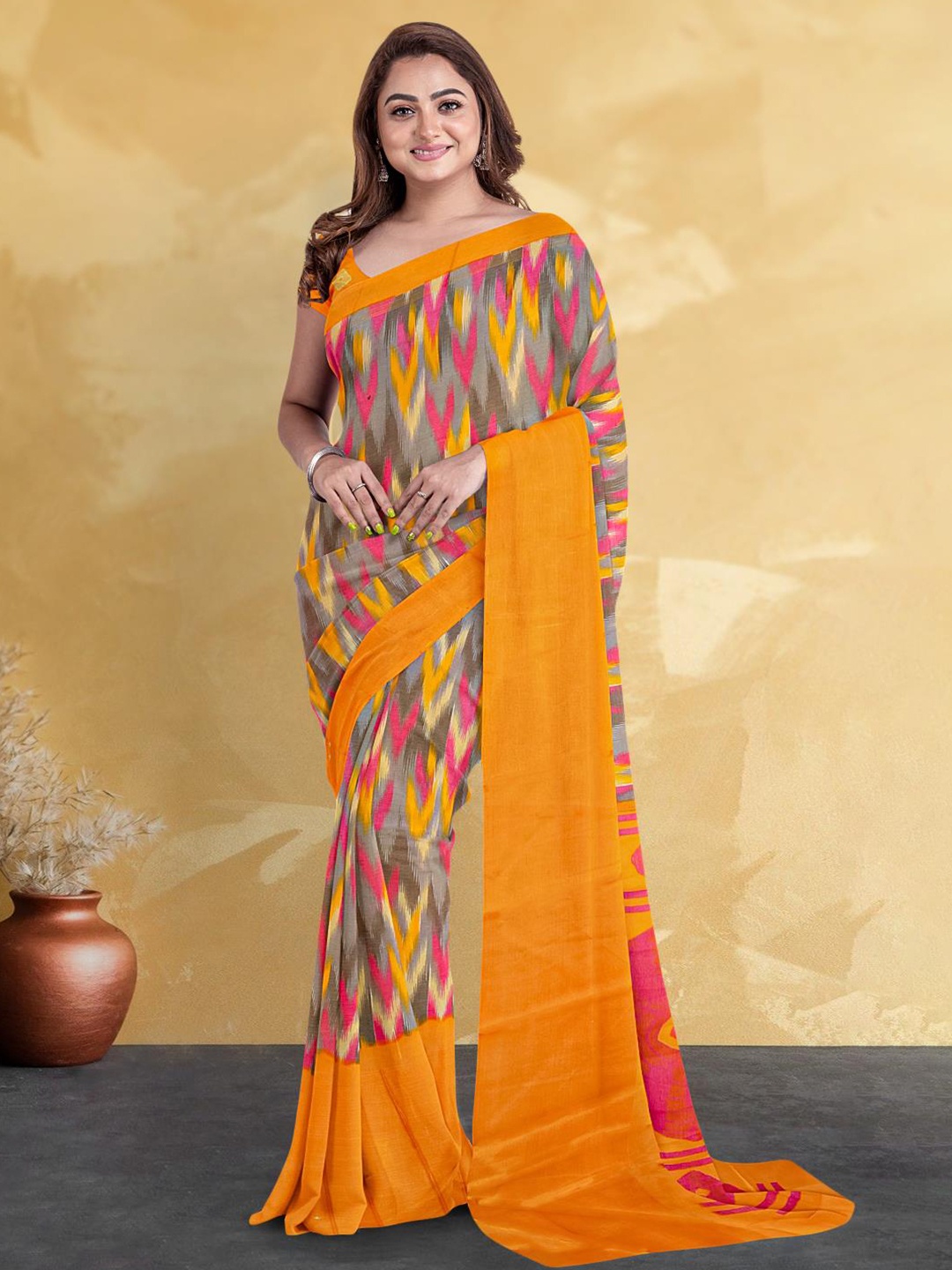 

Kalamandir Printed Silk Blend Saree, Orange