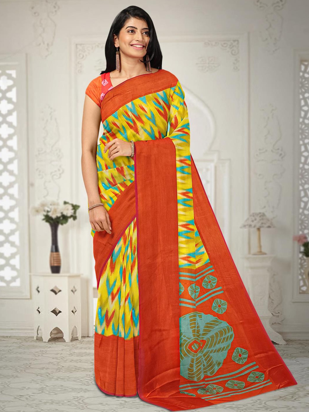 

Kalamandir Abstract Printed Saree, Yellow