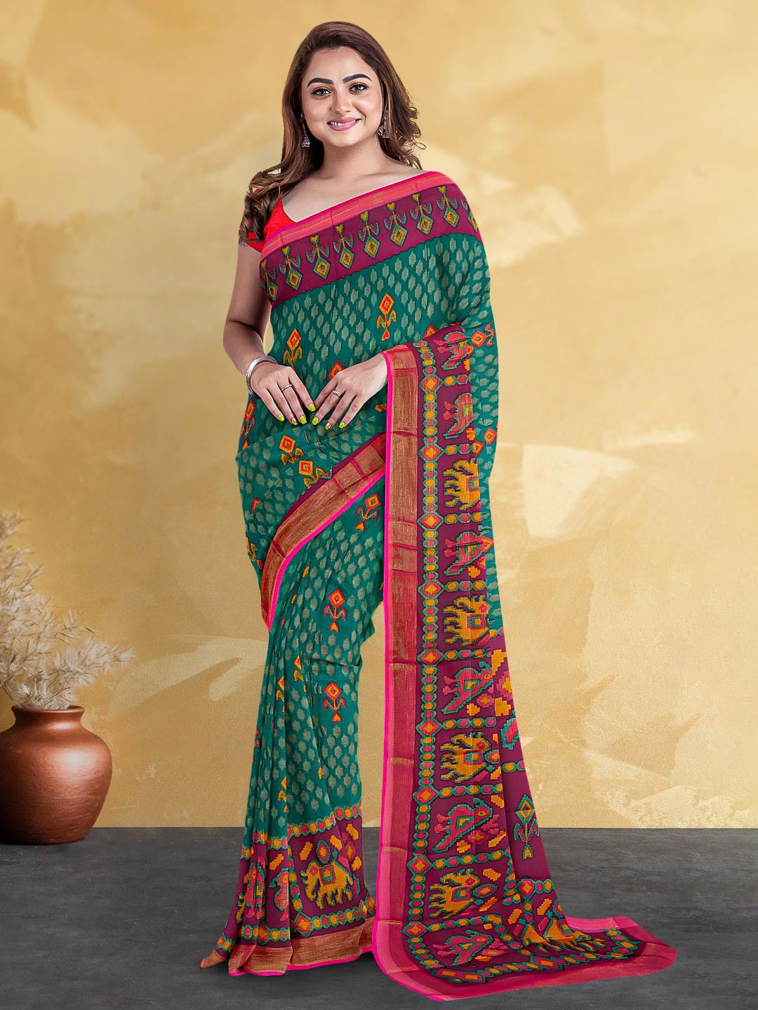 

Kalamandir Ethnic Motifs Printed Silk Blend Saree, Teal
