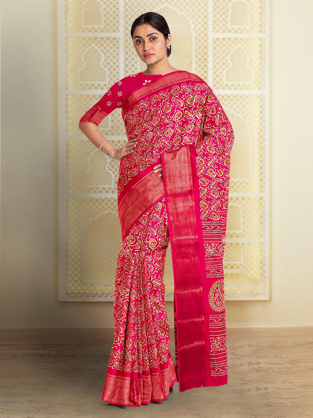

Kalamandir Paisley Silk Blend Saree, Pink
