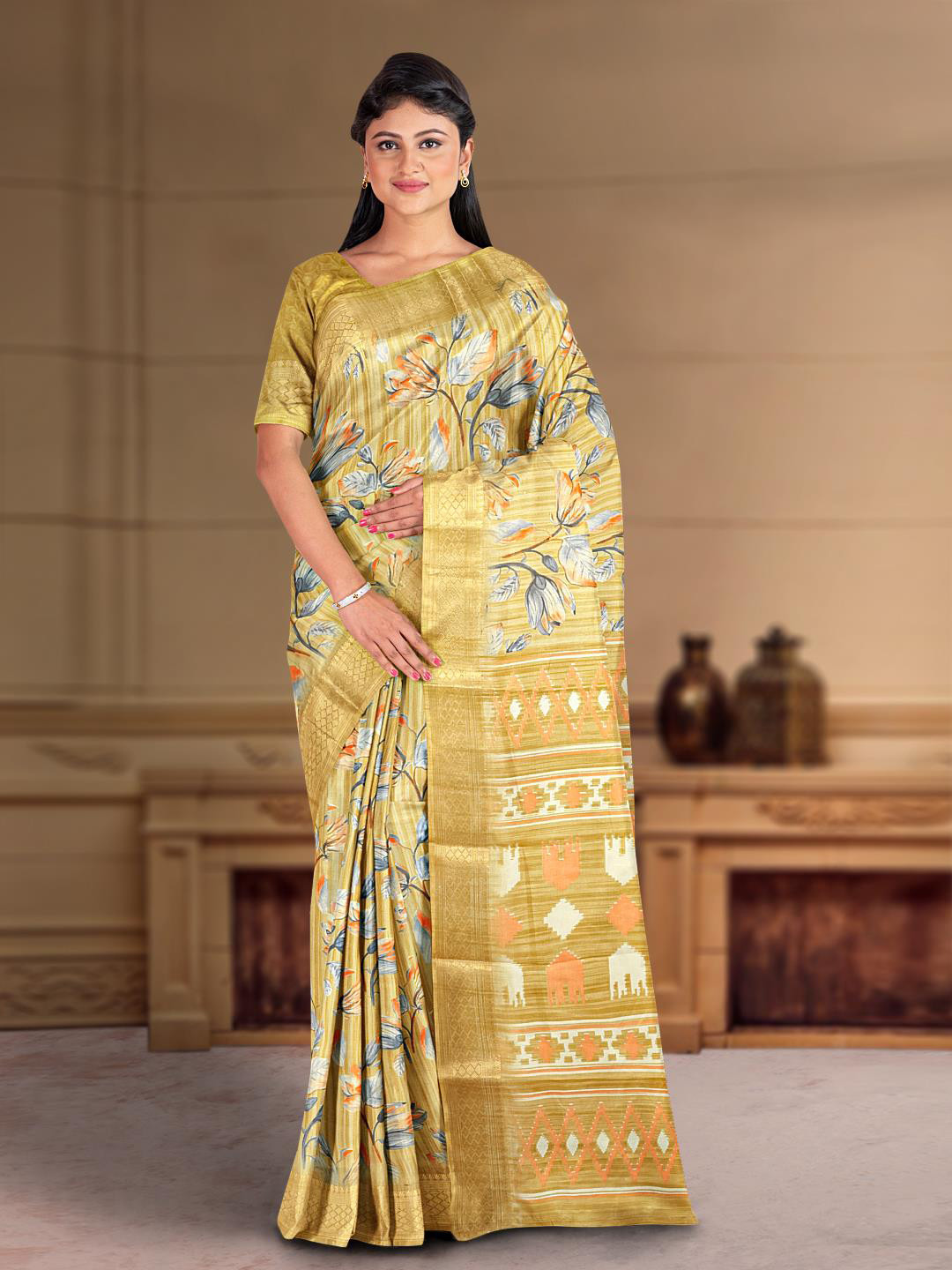 

Kalamandir Floral Printed Silk Blend Saree, Brown