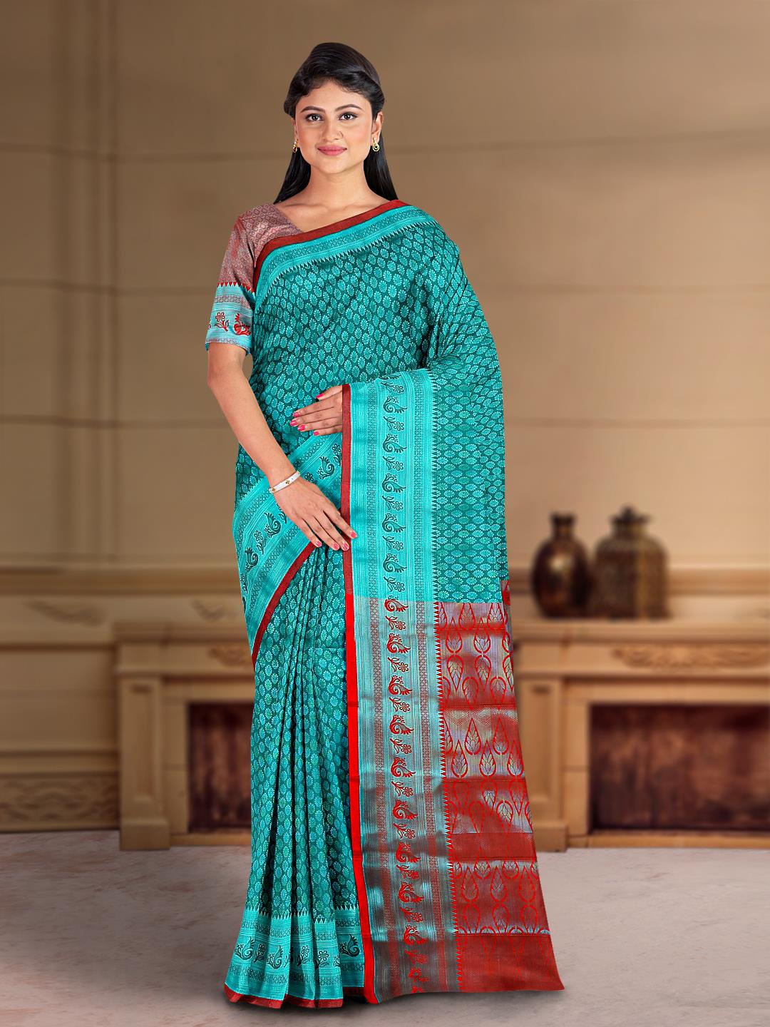 

Kalamandir Woven Design Silk Cotton Saree, Teal