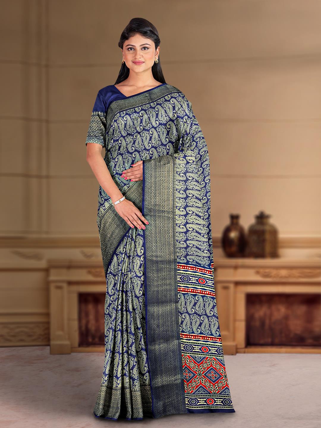 

Kalamandir Paisley Printed Silk Blend Saree, Navy blue