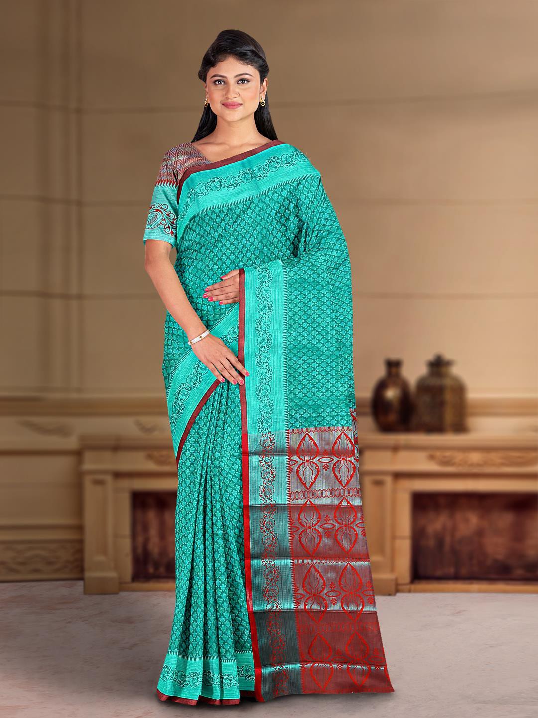 

Kalamandir Woven Design Silk Cotton Saree, Teal
