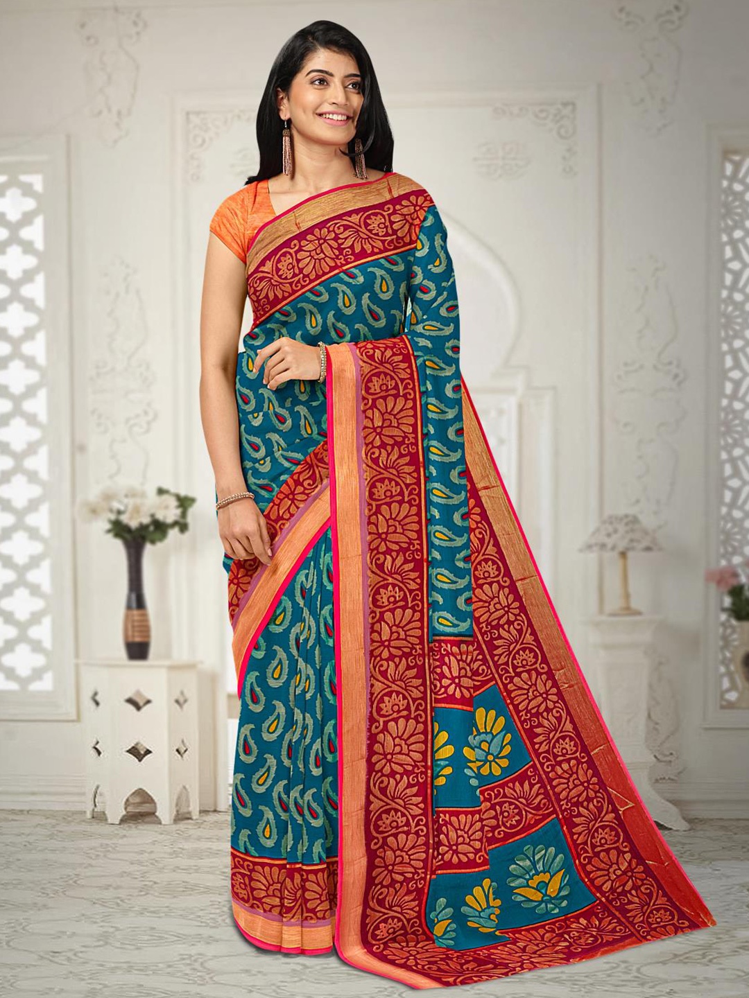 

Kalamandir Paisley Printed Silk Blend Saree, Blue