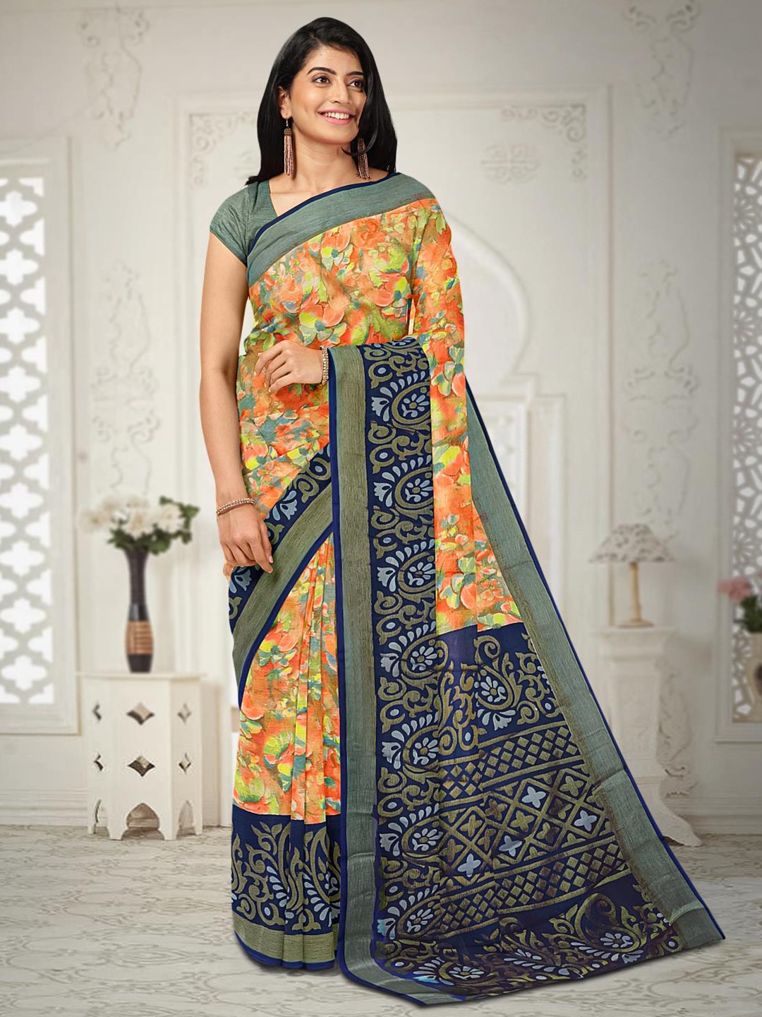 

Kalamandir Floral Printed Silk Blend Saree, Peach