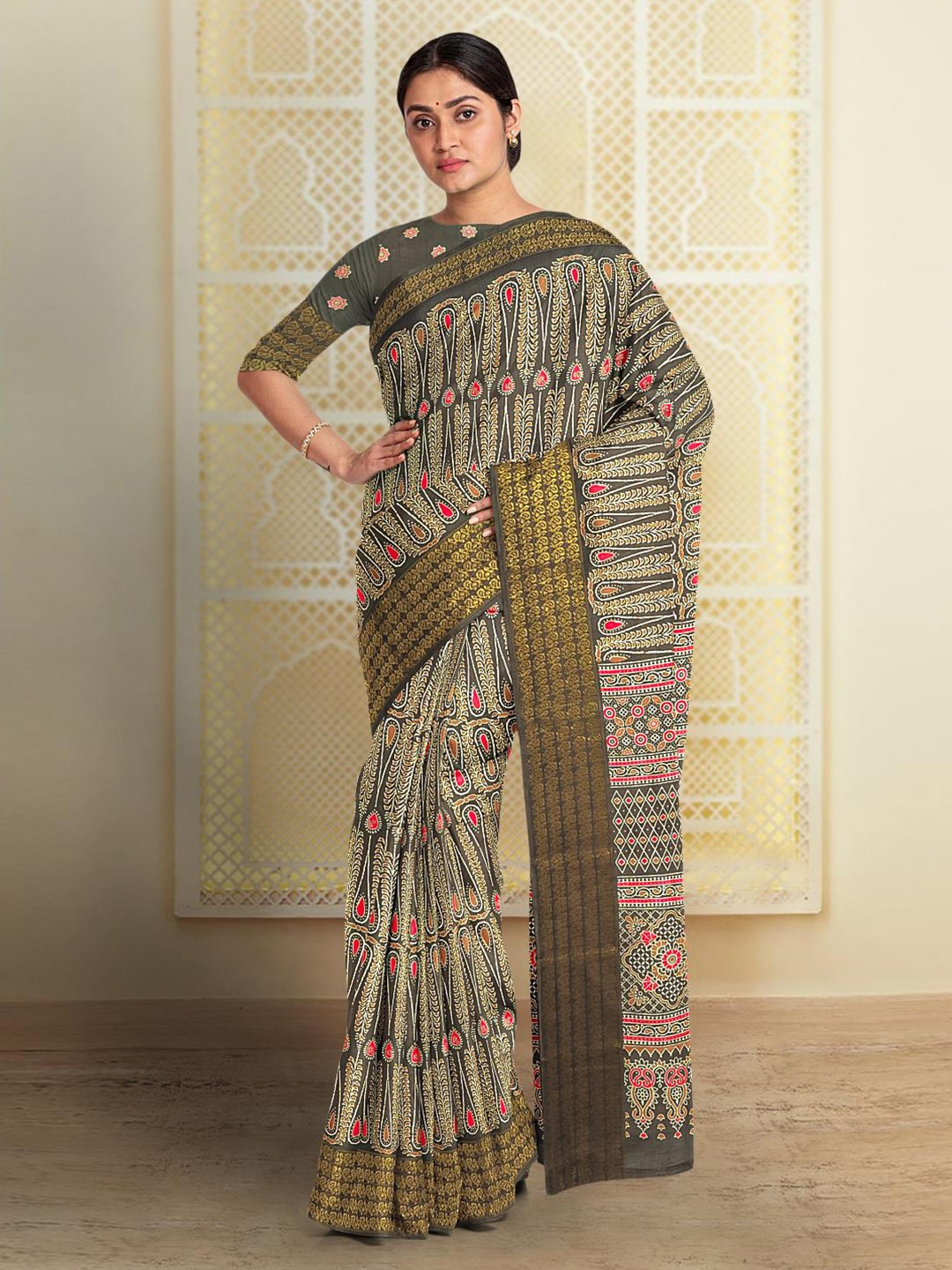 

Kalamandir Paisley Printed Silk Blend Saree, Brown