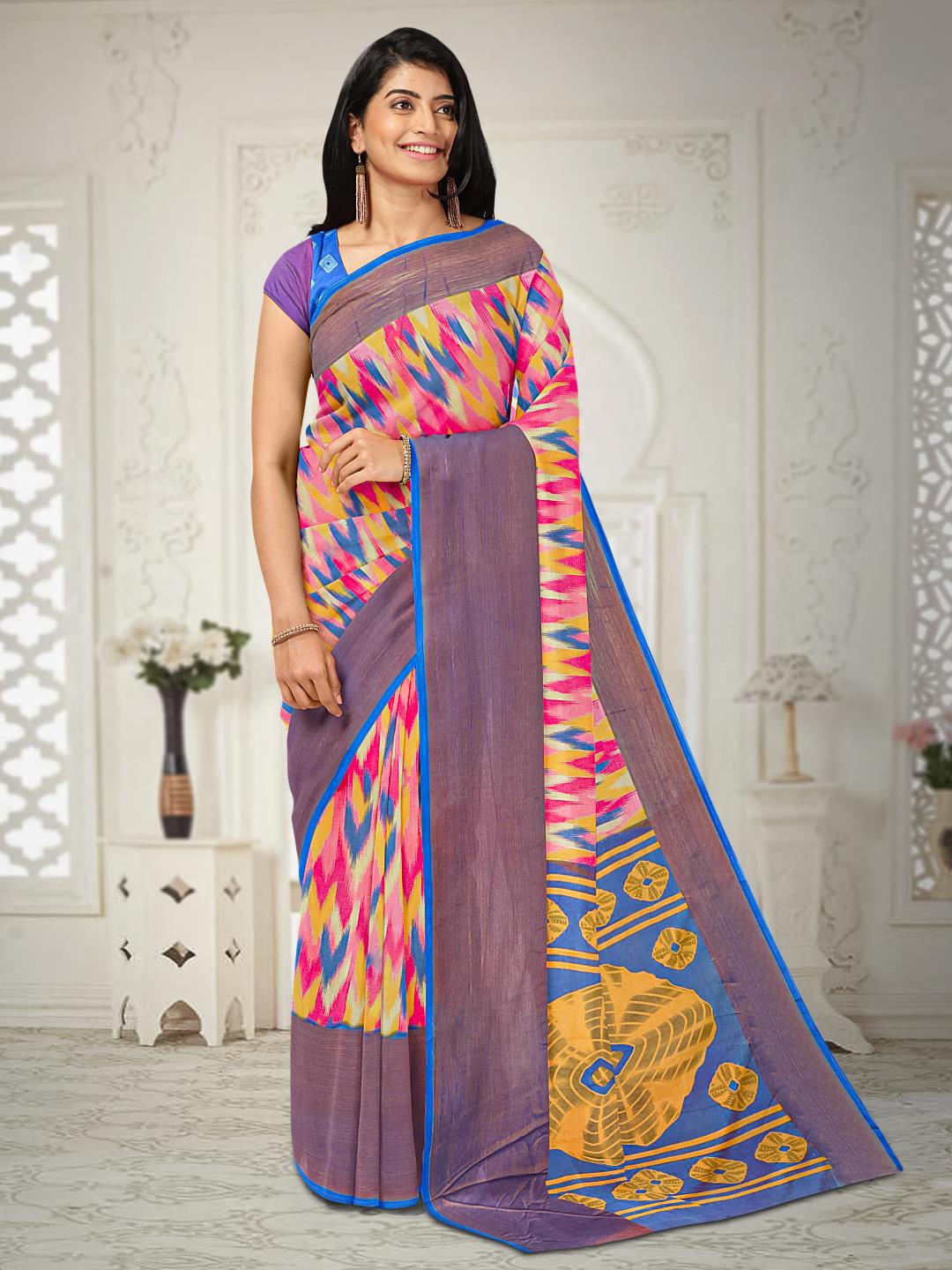 

Kalamandir Printed Silk Blend Saree, Pink