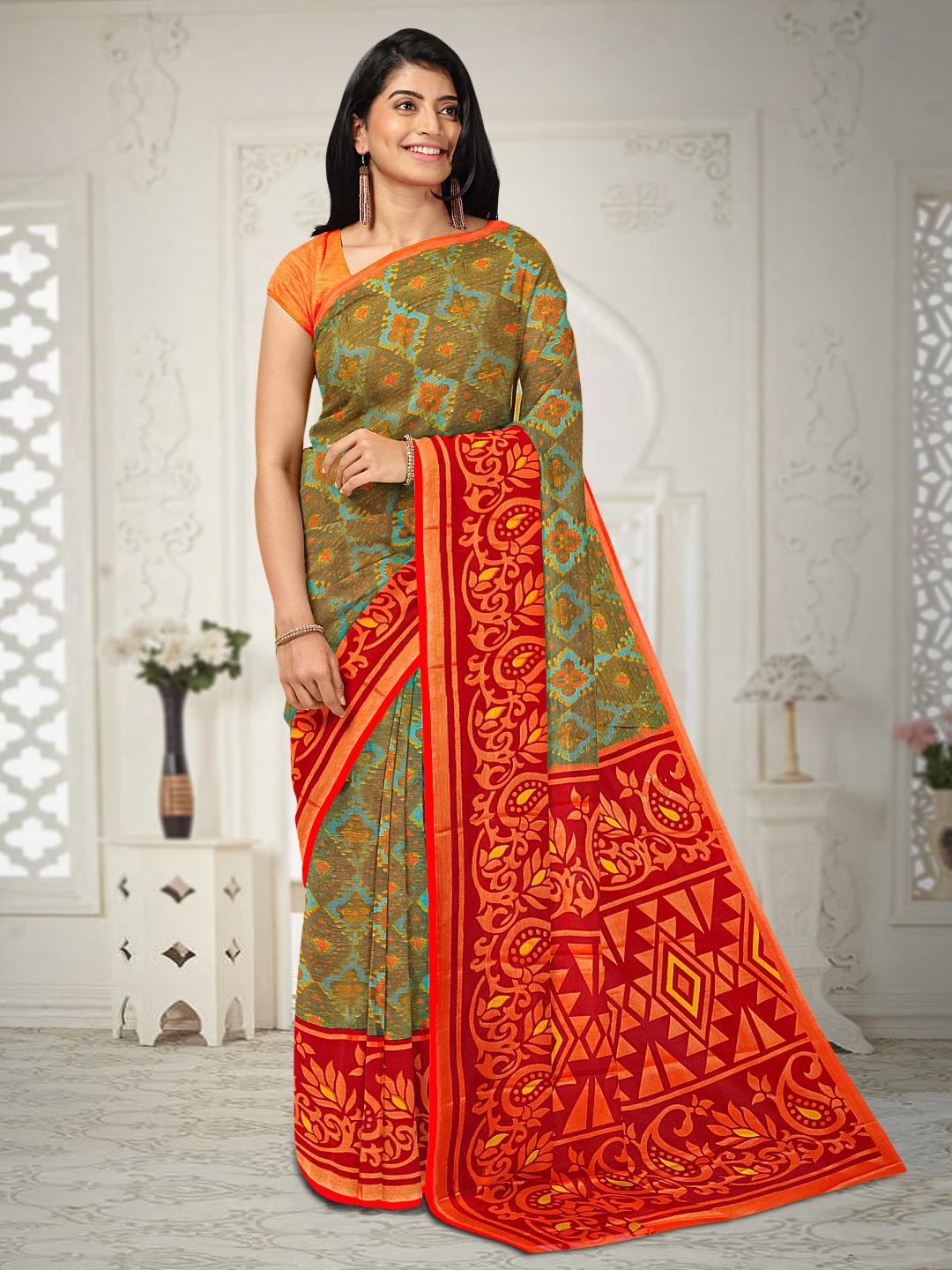 

Kalamandir Ethnic Motifs Printed Silk Blend Saree, Olive