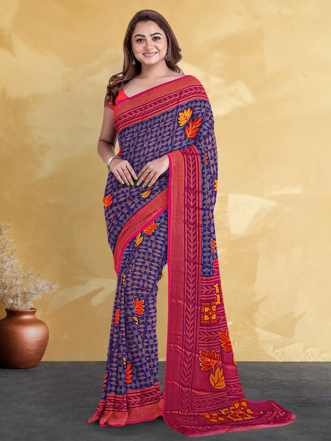 

Kalamandir Leaf Printed Silk Blend Saree, Blue