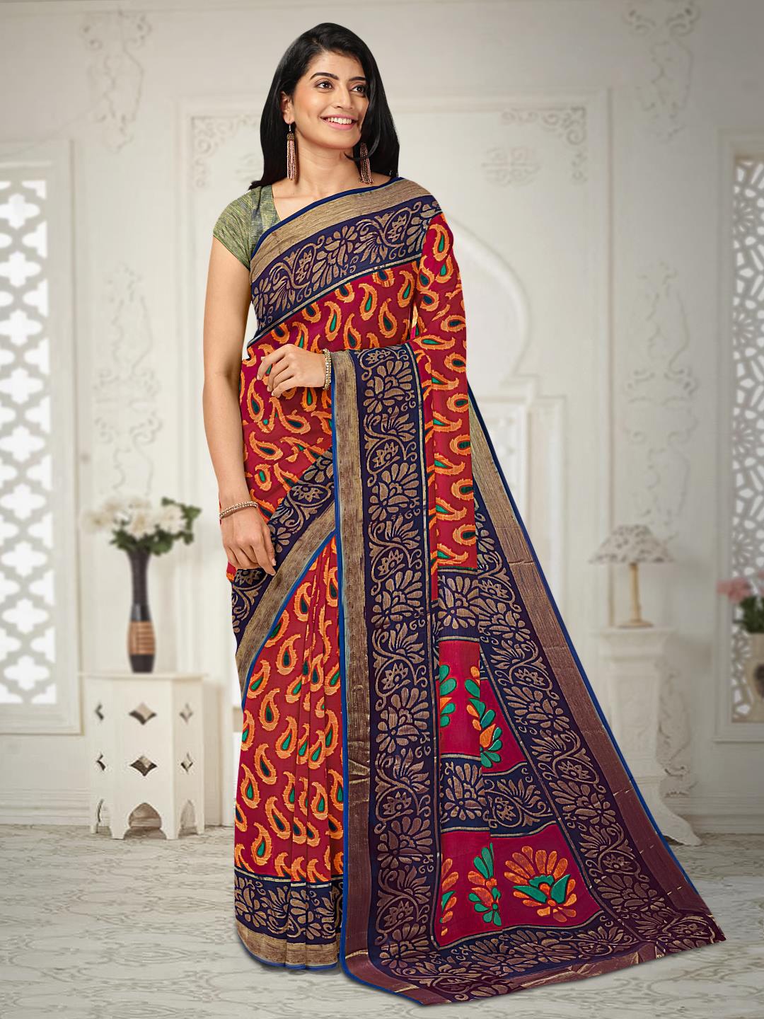 

Kalamandir Paisley Printed Silk Blend Saree, Red