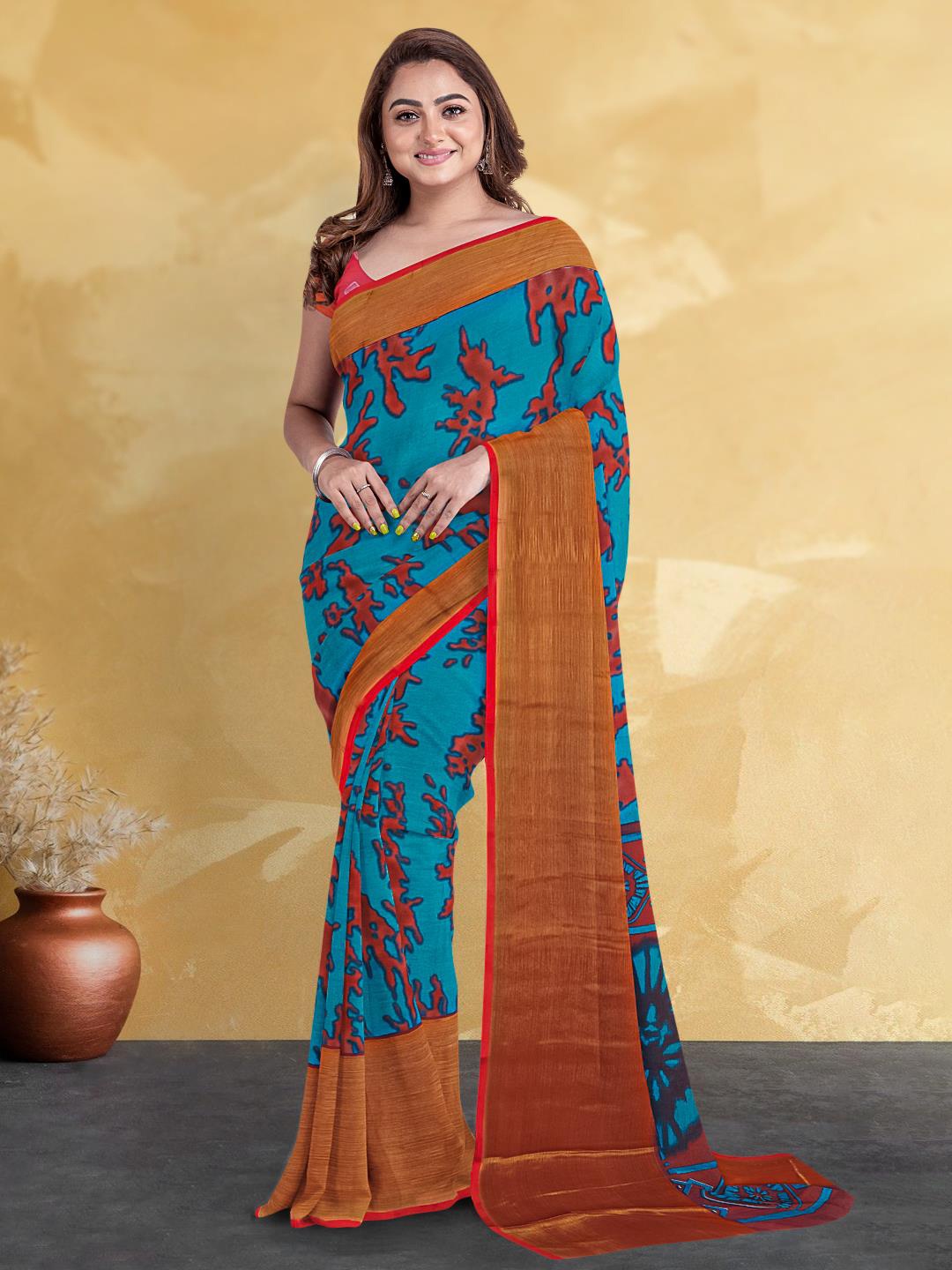 

Kalamandir Abstract Printed Silk Blend Saree, Blue