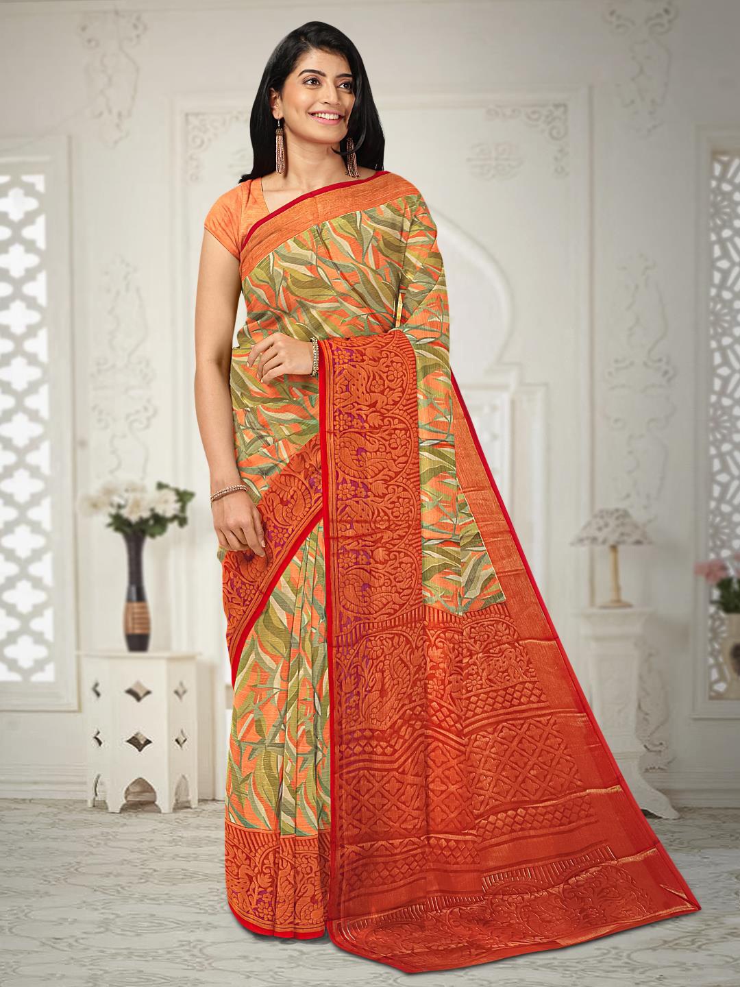 

Kalamandir Abstract Printed Silk Blend Saree, Orange