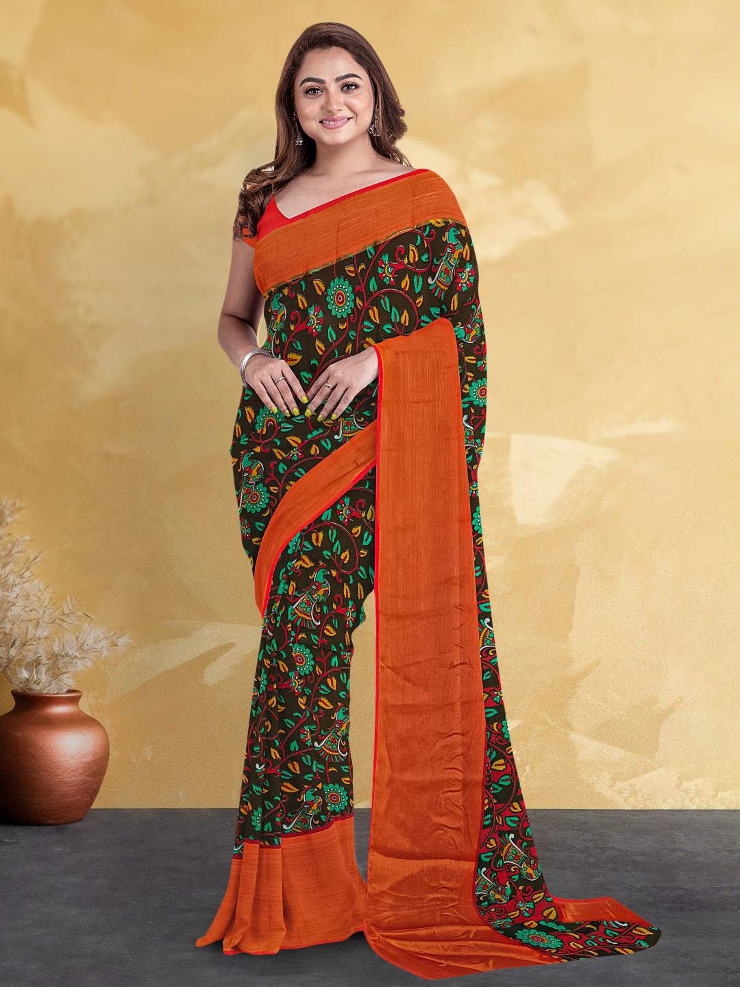 

Kalamandir Floral Printed Silk Blend Saree, Brown