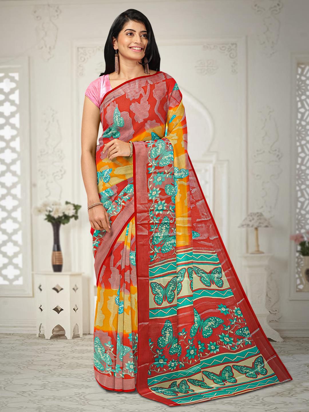 

Kalamandir Abstract Printed Silk Blend Saree, Mustard