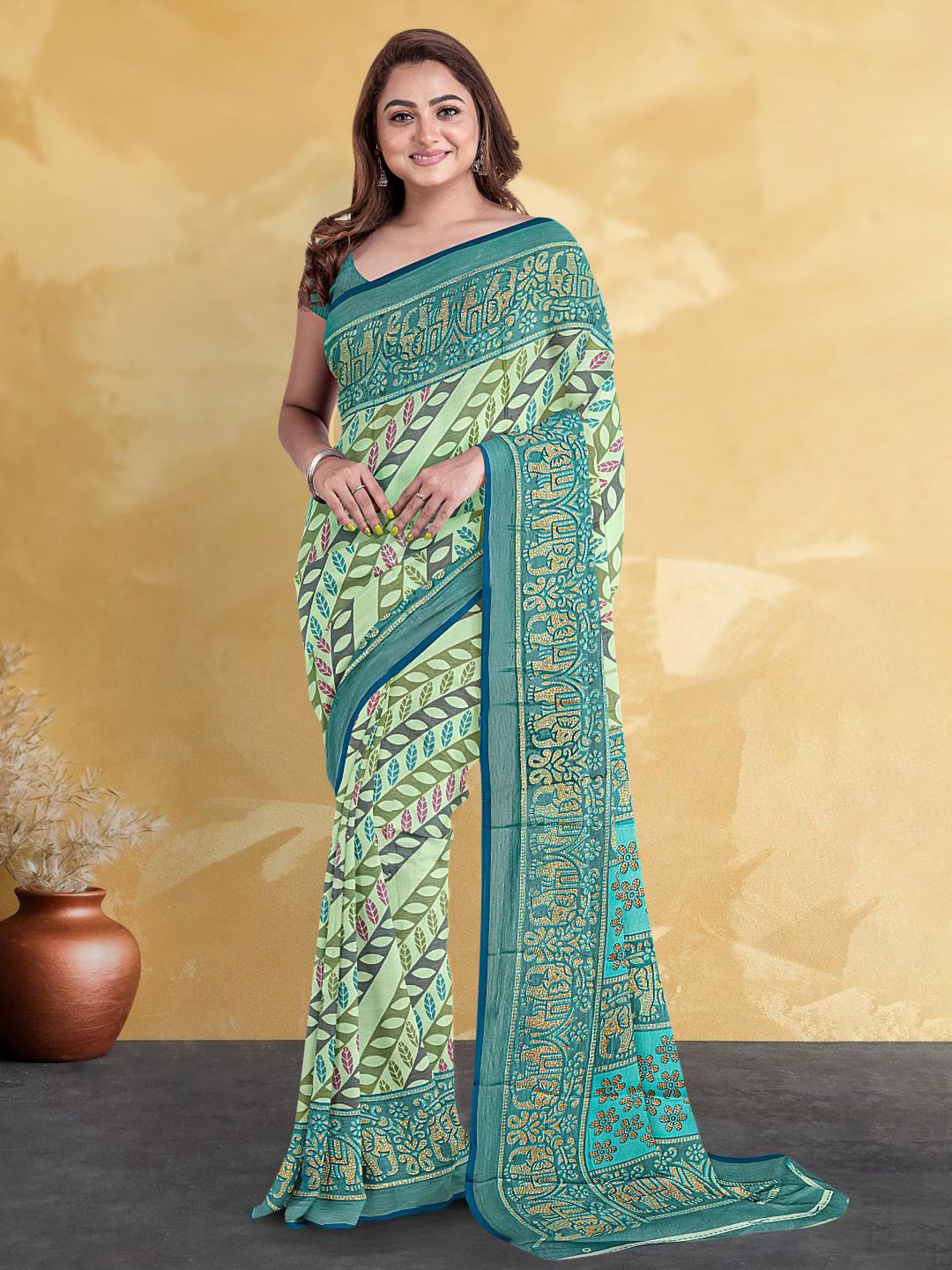 

Kalamandir Printed Silk Blend Saree, Green
