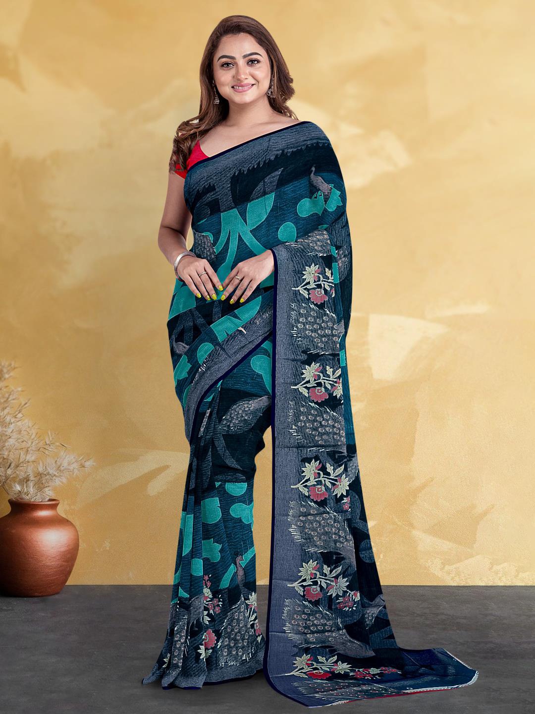 

Kalamandir Ethnic Motifs Silk Blend Saree, Teal