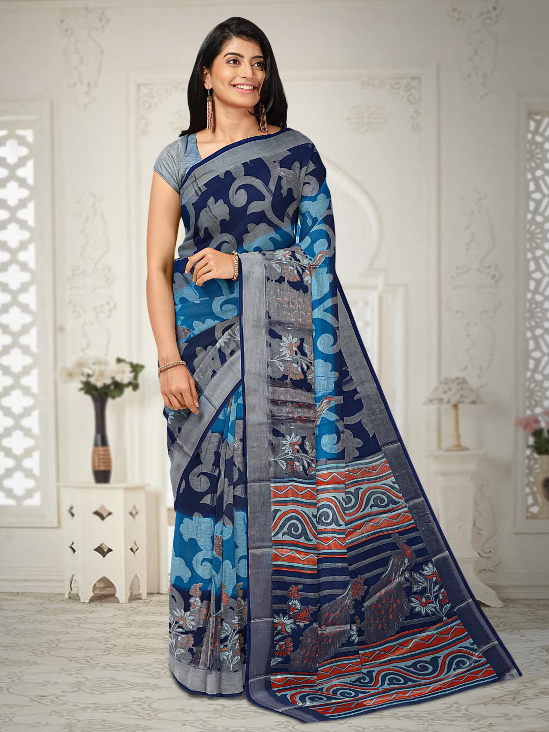 

Kalamandir Abstract Printed Silk Blend Saree, Blue