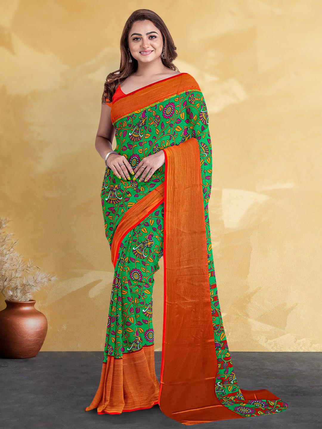 

Kalamandir Floral Printed Silk Blend Saree, Green