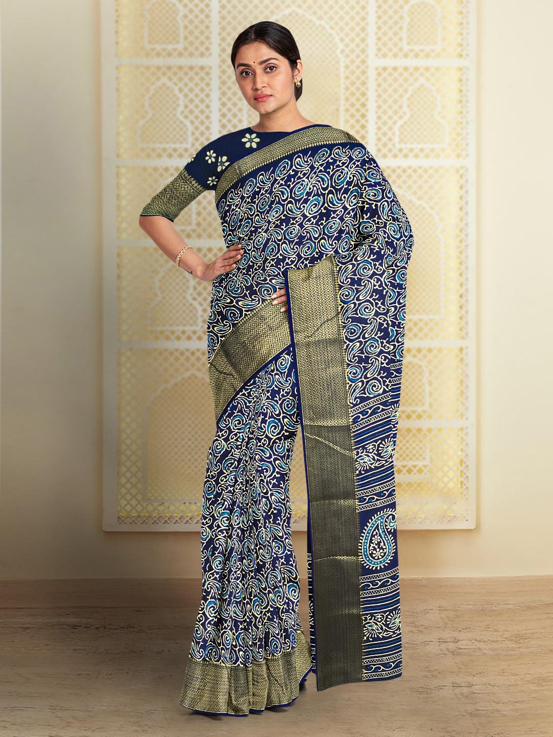 

Kalamandir Paisley Printed Silk Blend Saree, Navy blue