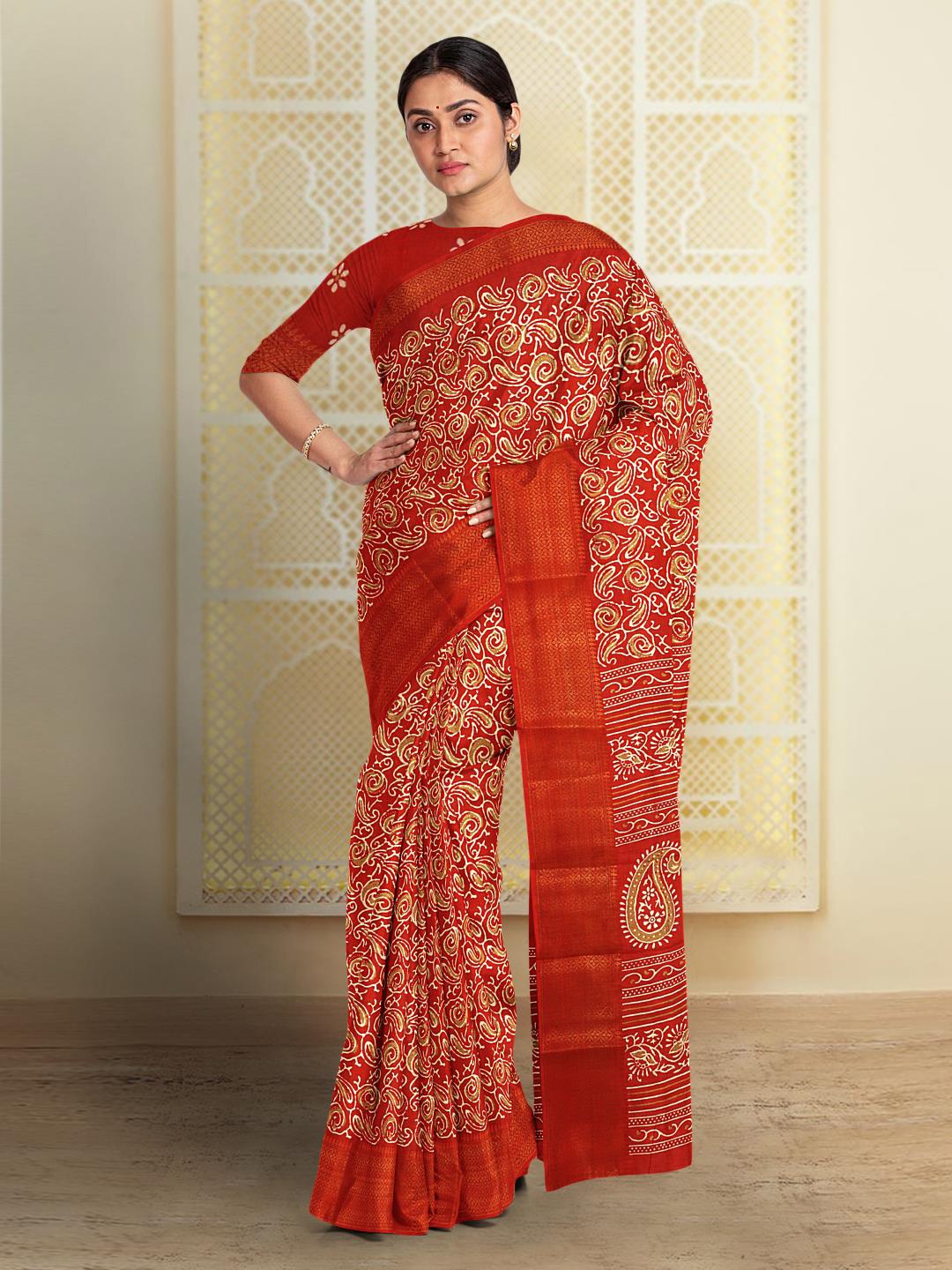 

Kalamandir Paisley Printed Zari Silk Blend Saree, Red